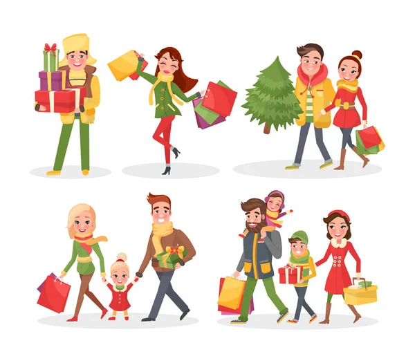 Compras de Natal, Preparação de férias no inverno —  Vetores de Stock