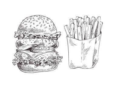 Büyük Hamburger ve kızarmış patates grafik sanat afiş