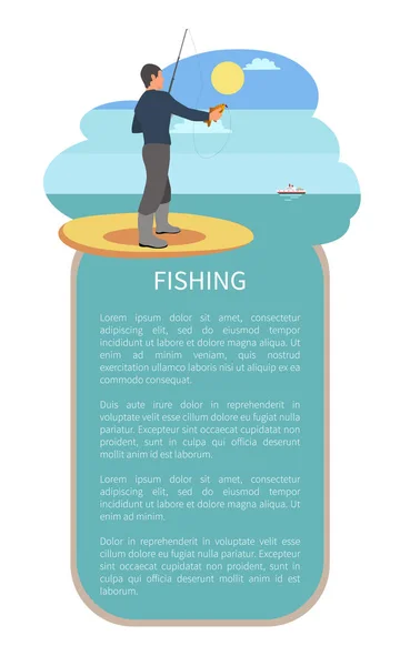 Hombre con línea de lanzamiento y póster de peces perca o bajo — Vector de stock