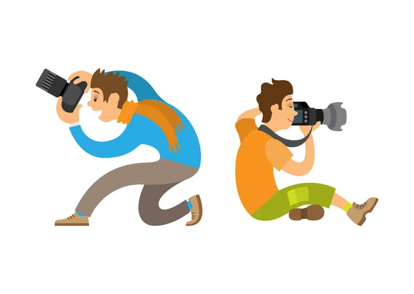 Fotógrafo tomando fotos con el conjunto de asientos de la cámara — Vector de stock