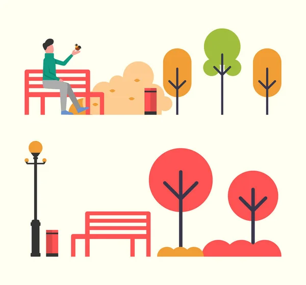 Hombre sentado en un banco de madera en otoño Fall Park — Vector de stock
