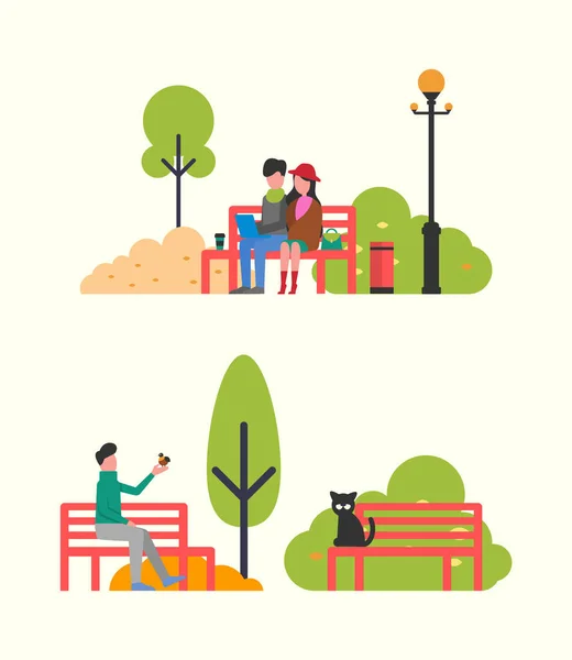 Coppia Seduta su Panchina con Quaderno, Autumn Park — Vettoriale Stock