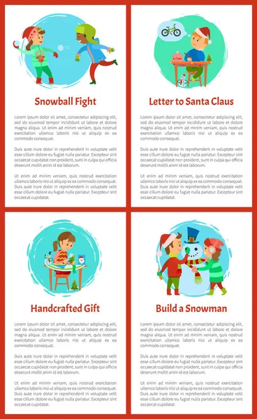 Pelea de Bola de Nieve de Niños, Carta de Chico Escribiendo — Vector de stock