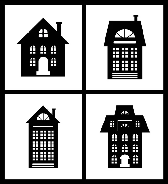 Building Old Fashioned Houses Silhouettes Set — Stock Vector