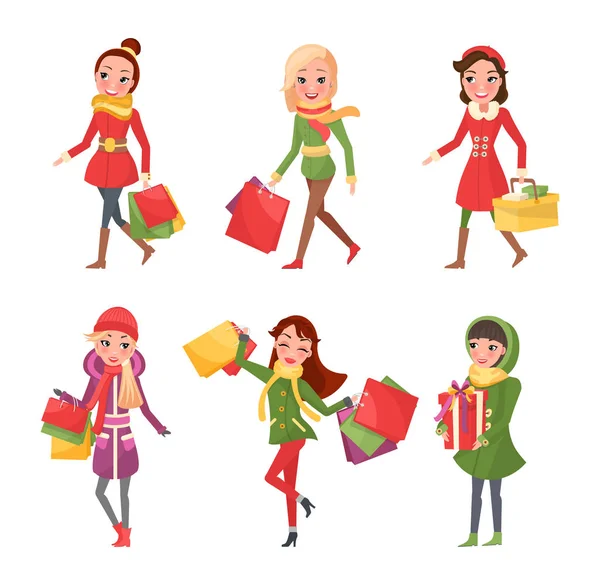 Mujer en Navidad, Compras Regalos — Vector de stock