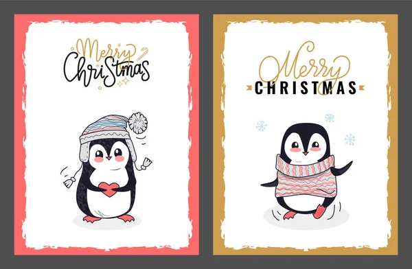 Feliz Navidad Tarjetas de felicitación de Lindos Pingüinos — Vector de stock