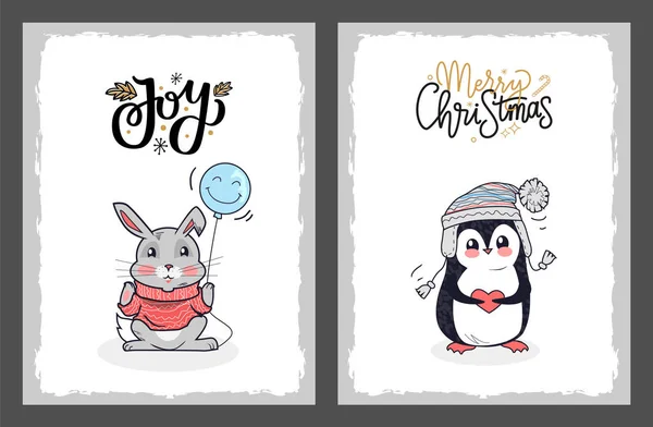 Navidad Felices Fiestas Postales Pingüino y Liebre — Vector de stock