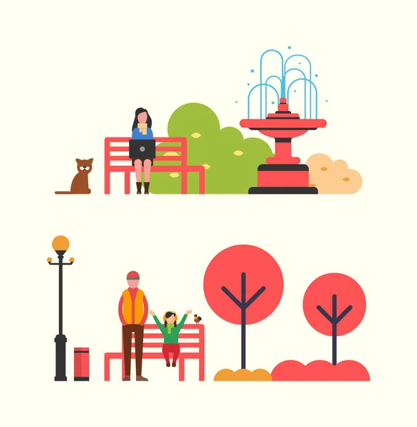 Paisajes de temporada de otoño con gente de estilo plano — Vector de stock