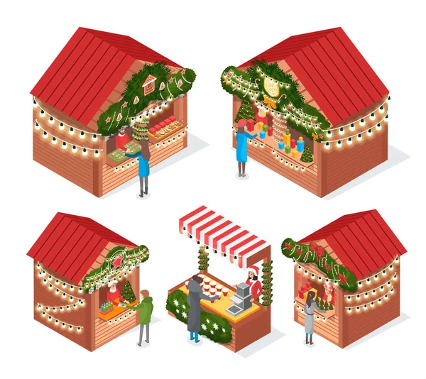 Kiosques et stands de marché de Noël avec souvenirs — Image vectorielle