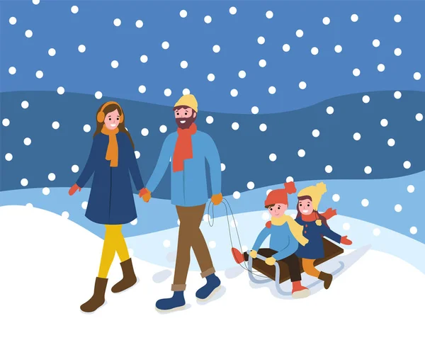 Περπάτημα με έλκηθρο, χιονίζει εξωτερική διάνυσμα οικογένεια — Διανυσματικό Αρχείο