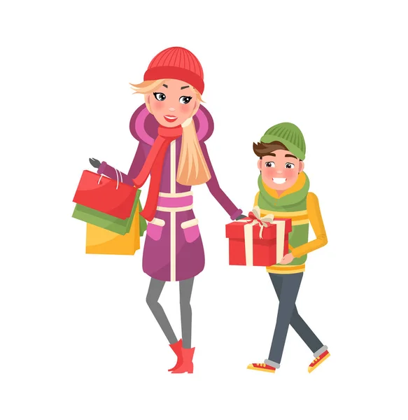 Mutter und Junge, verpackte Geschenkboxen und Pakete, Weihnachten — Stockvektor