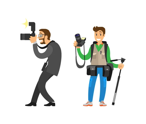 Fotoperiodista y reportero llevando bolsa o mochila — Vector de stock