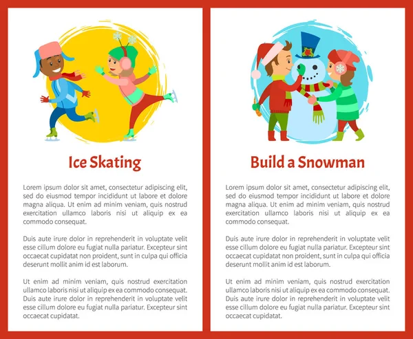 Катание на коньках и строительство открыток для снеговиков, детей — стоковый вектор