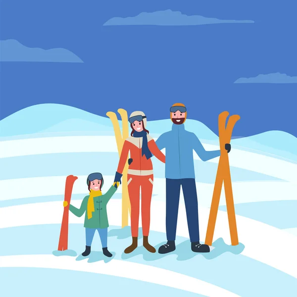 Сімейне катання на лижах, зимові сезонні веселощі батьків Кід — стоковий вектор