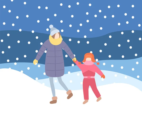在夜间暴雪冬天散步的母亲孩子 — 图库矢量图片