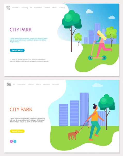 City Park Affiche Web avec Femme à cheval sur rouleau — Image vectorielle