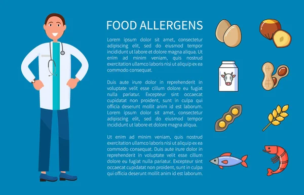 Alérgenos alimentarios Carteles vectoriales con iconos y médico — Archivo Imágenes Vectoriales