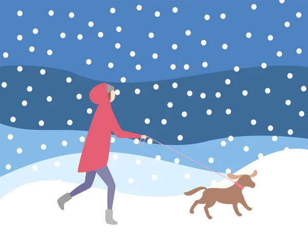 Mujer paseando perro con correa en invierno nevada — Vector de stock