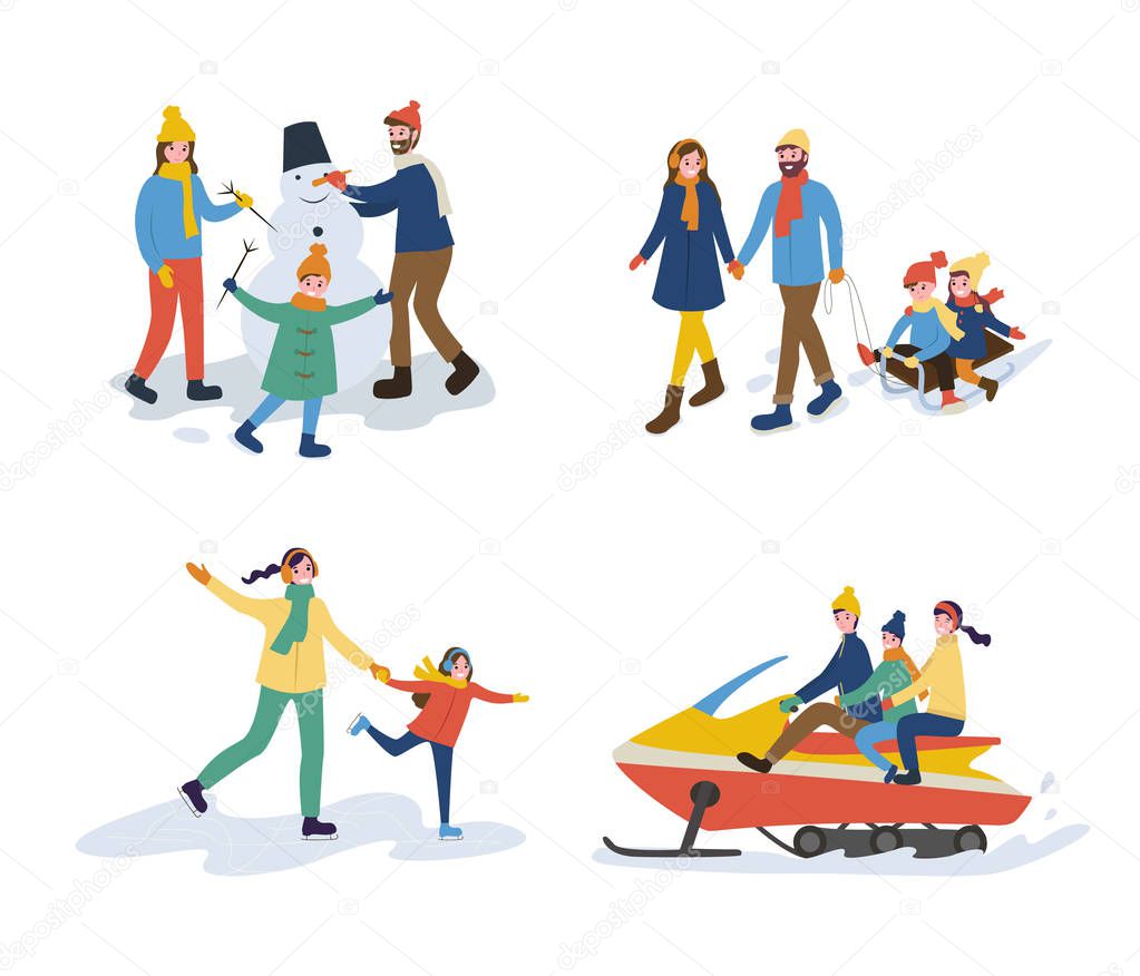 Mum and Dad with Kids Set of Activities Vector
