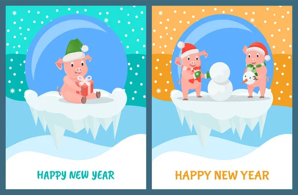 Frohes neues Jahr, Glaskugelspielzeug mit Ferkeln — Stockvektor