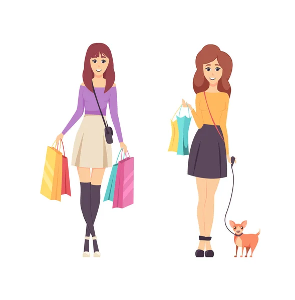 Shopping Young Women Carrying Lots of Bags Vector