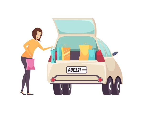 Female Shopaholic Woman with Bags and Car Vector — Stock Vector
