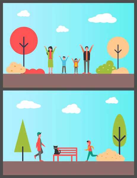 Familia en el Parque de Otoño, Niños Jogging — Vector de stock