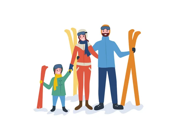Familie Skiën, moeder vader ouders en kind — Stockvector