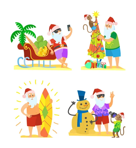 Noel Baba ve şemsiye kardan adam dekorasyon maymun — Stok Vektör