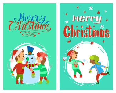 Neşeli Noel tatilleri çocuklar bina kardan adam