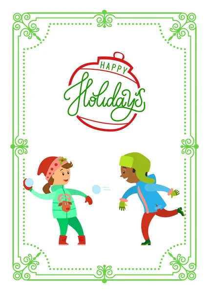 Vacances de Noël des enfants jouant boules de neige — Image vectorielle