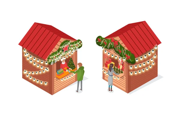 Feira de Natal, Mercado com quiosques de lojas de rua — Vetor de Stock