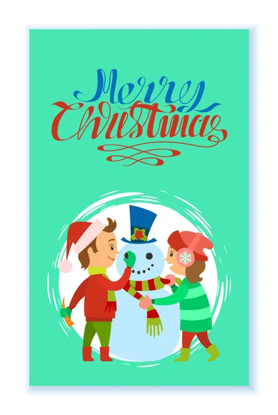 Merry Christmas Holidays Children Building Snowman — Stock Vector
