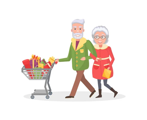 Старша пара бабуся, дідусь робити покупки — стоковий вектор