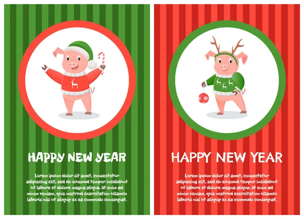 Szczęśliwego Nowego Roku Pocztówka Świnia Czerwona Bluza Kapturem Oversize Ciepłe — Wektor stockowy