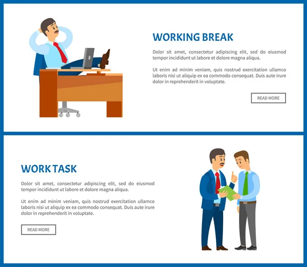 Descanso de trabajo, Jefe Descanso en la oficina, Información de tareas — Archivo Imágenes Vectoriales