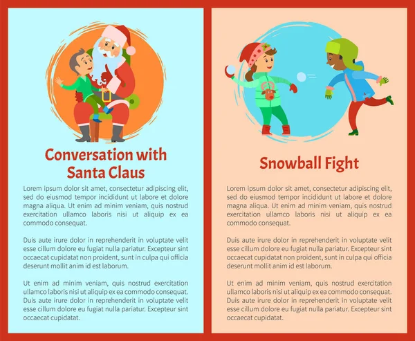 Conversación con Santa Claus, Peleas de Bola de Nieve Postales — Vector de stock