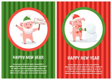 Mutlu yeni yıl kartpostalı karikatür domuz dilek kardan adam
