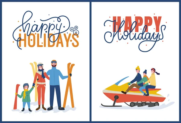 Happy Holidays with Skiing and Snowmobiling Vector — Stock Vector