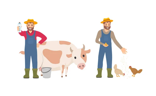 Agricultor com pacote de leite conjunto ilustração vetorial — Vetor de Stock