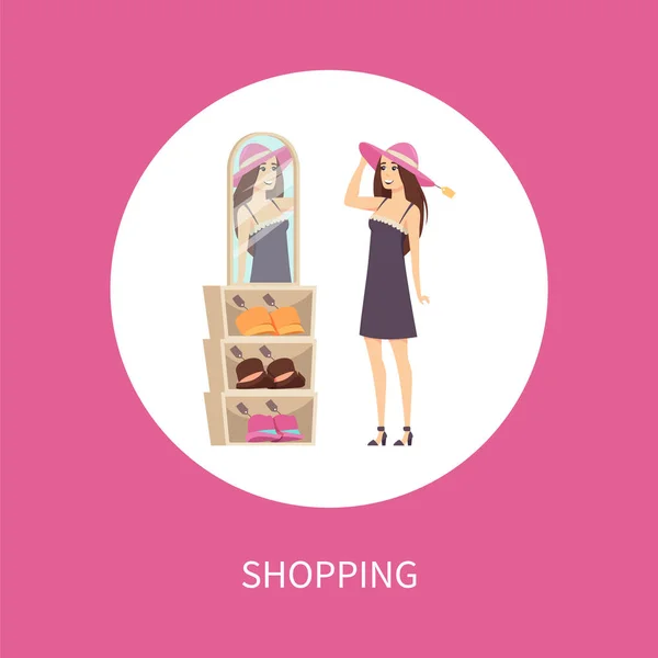 Shopping Femme Client en Cercle, Essayer coiffures — Image vectorielle