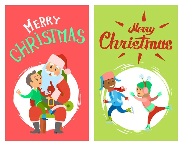 Merry Christmas Card with Adults and Santa Vector — Stock Vector