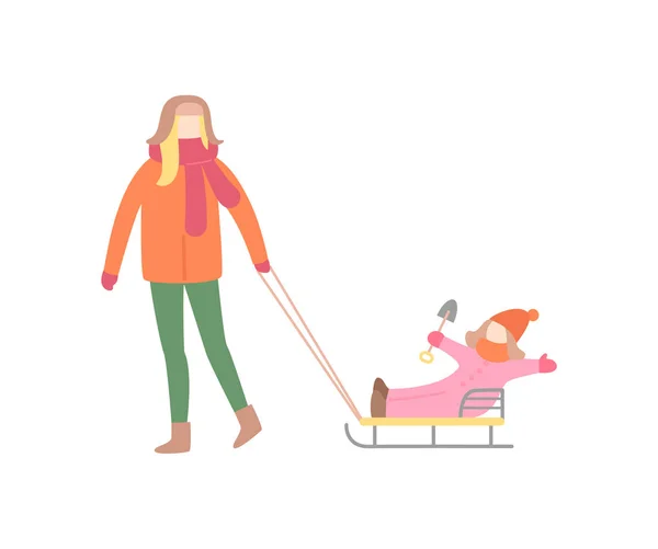 Femme marchant avec petite fille sur traîneau vecteur — Image vectorielle