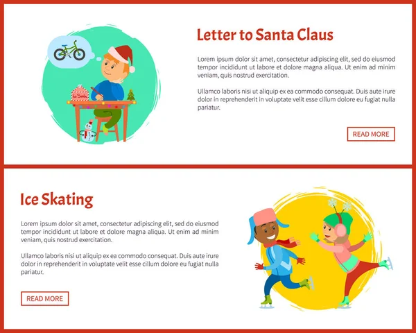Carta a Santa Claus y Patinaje sobre Hielo Carteles Web, Texto — Vector de stock
