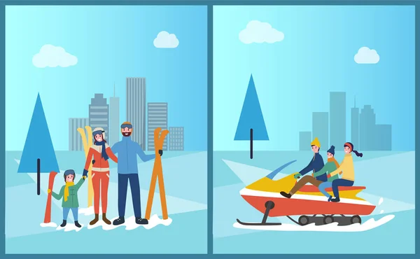 家庭雪地摩托和冬季公园滑雪 — 图库矢量图片