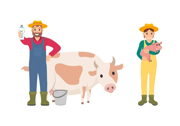 Agricultor com ilustração vetorial de conjunto de porco e vaca —  Vetores de Stock
