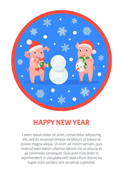 Happy New Year Greeting Cards Pigs in Round Frame