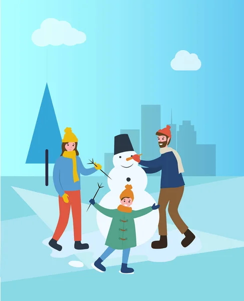 Family Building Snowman in Winter City Town Park — Stock Vector