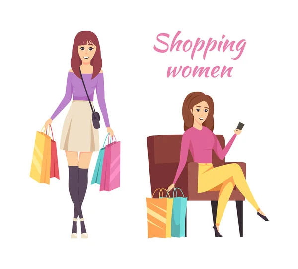 Compras Mujeres con bolsos y compras Vector — Vector de stock