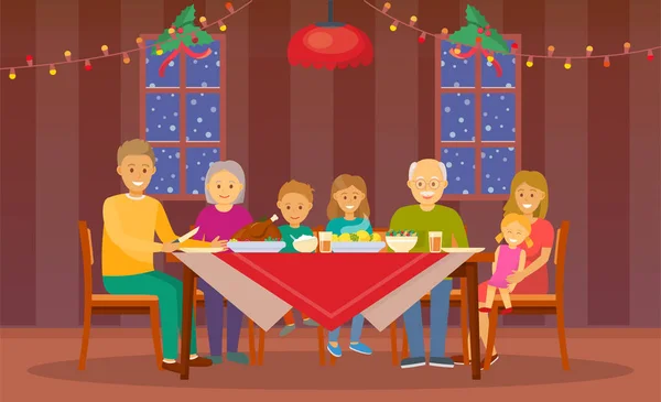 Cena de Navidad en casa Celebración de la gente — Vector de stock